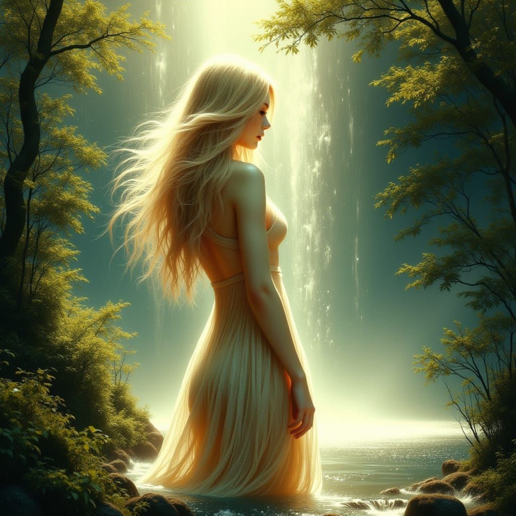 Ethereal Woman by Cascading Waterfall in Dappled Sunlight