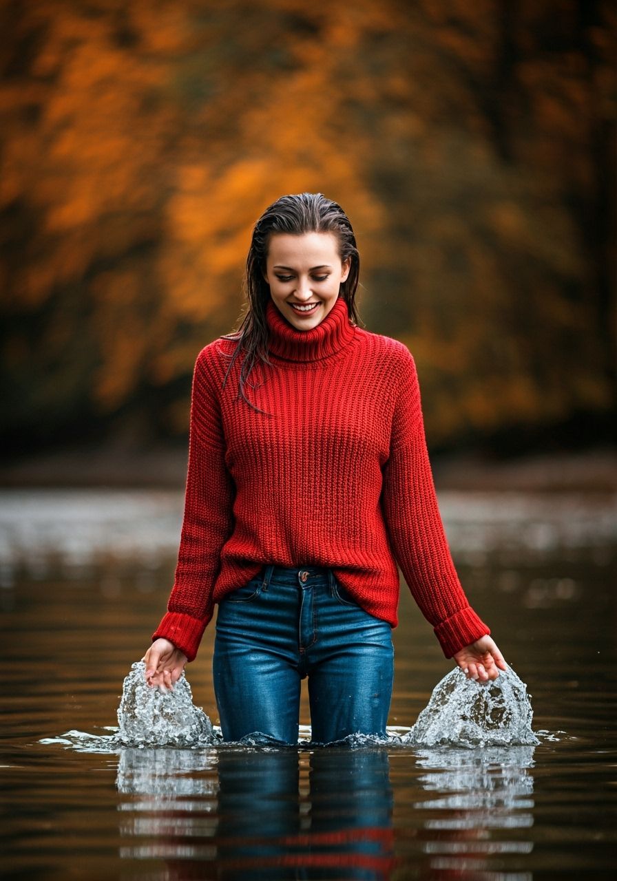 Woman Splashing in Autumn Water, Professional Photo