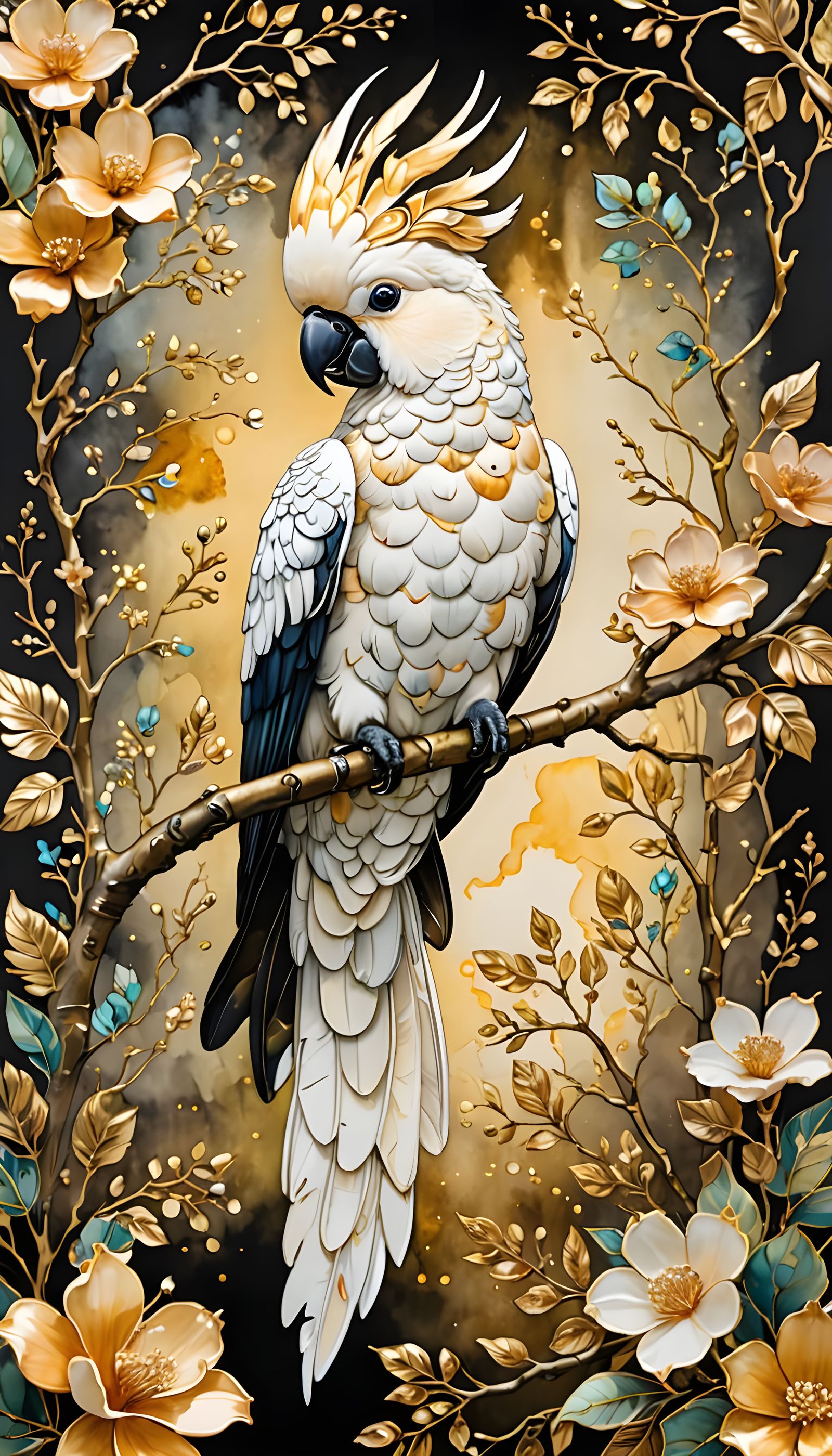 Cockatoo in Lush Garden, Alcohol Ink Art