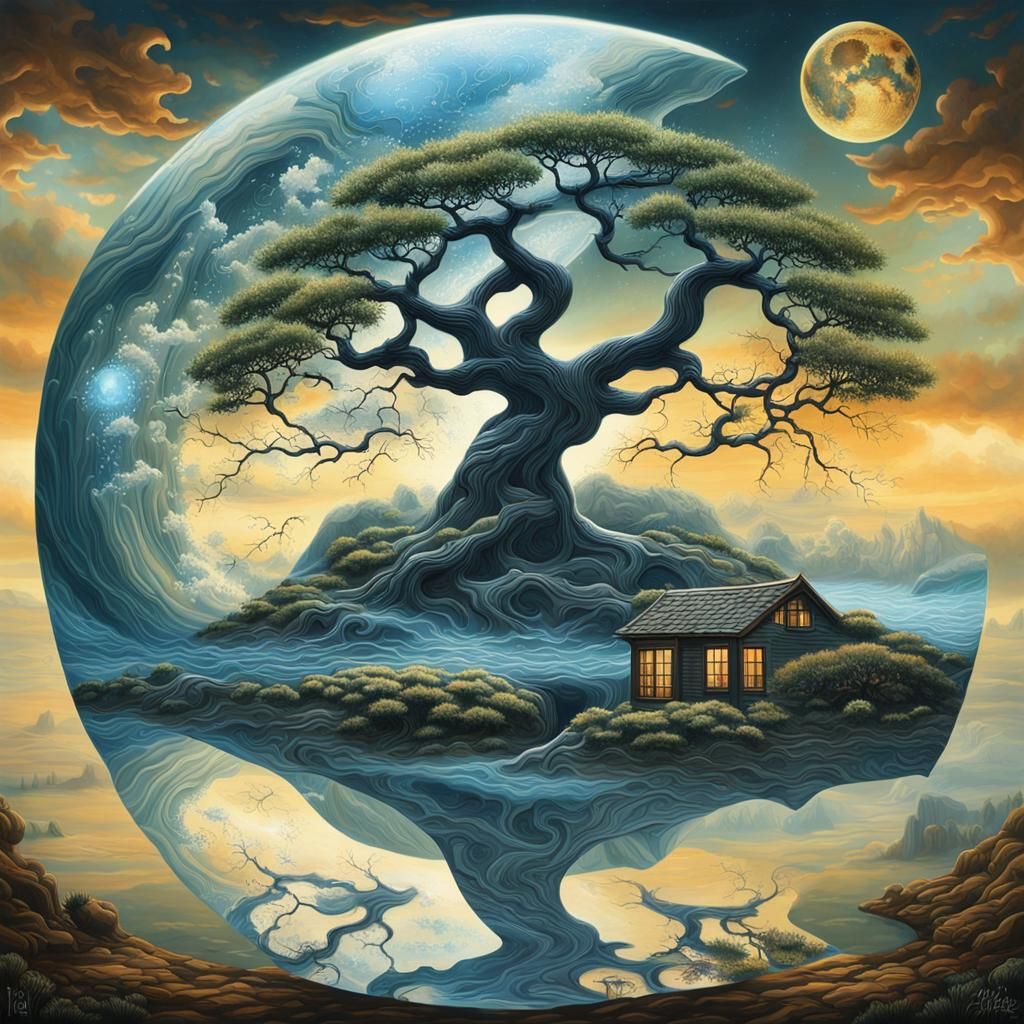 Cosmic Reflection: Oil Painting with Tattoo Elements