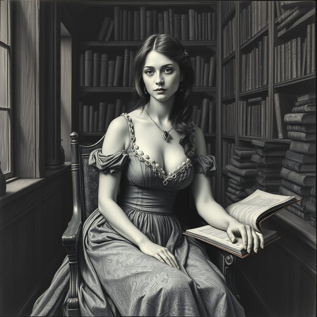 Elegant Woman in Library: Charcoal Drawing
