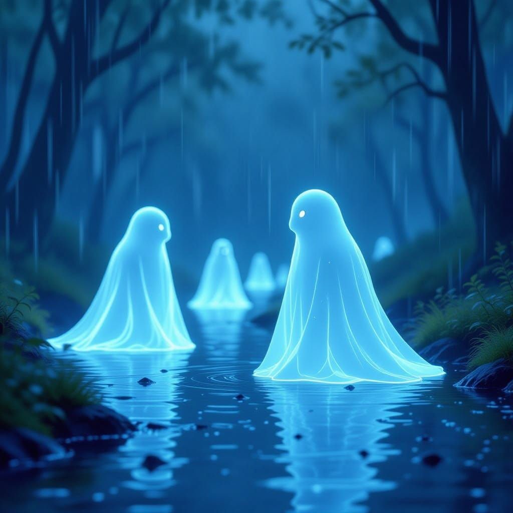 Ethereal Luminous Creatures in Gentle Rain