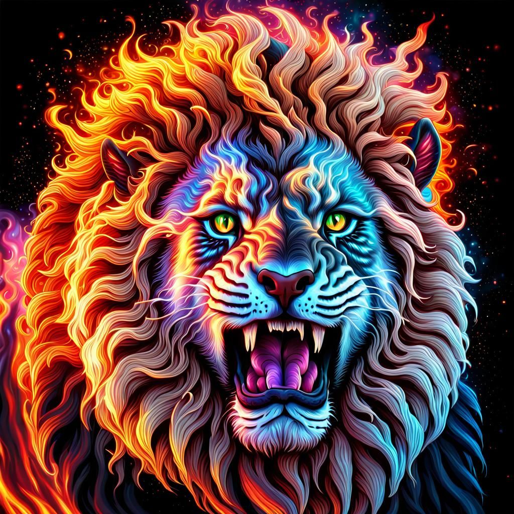 Flaming Lion Roar: Holographic Astral Illustration