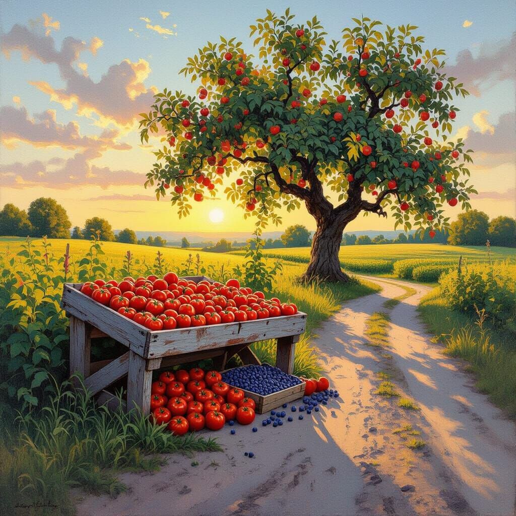 Nostalgic Farmstand with Tomatoes and Blueberries at Sunset