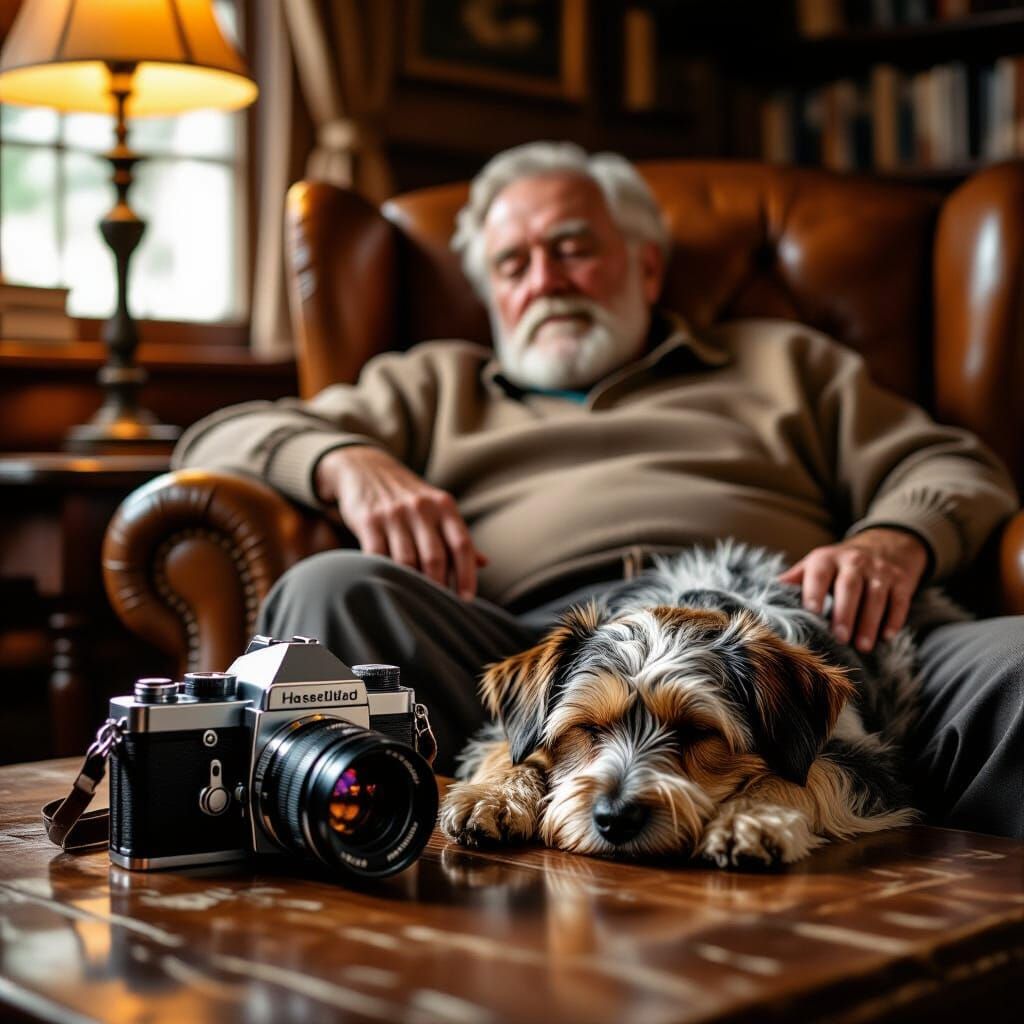Vintage Camera, Sleeping Man, and Dog
