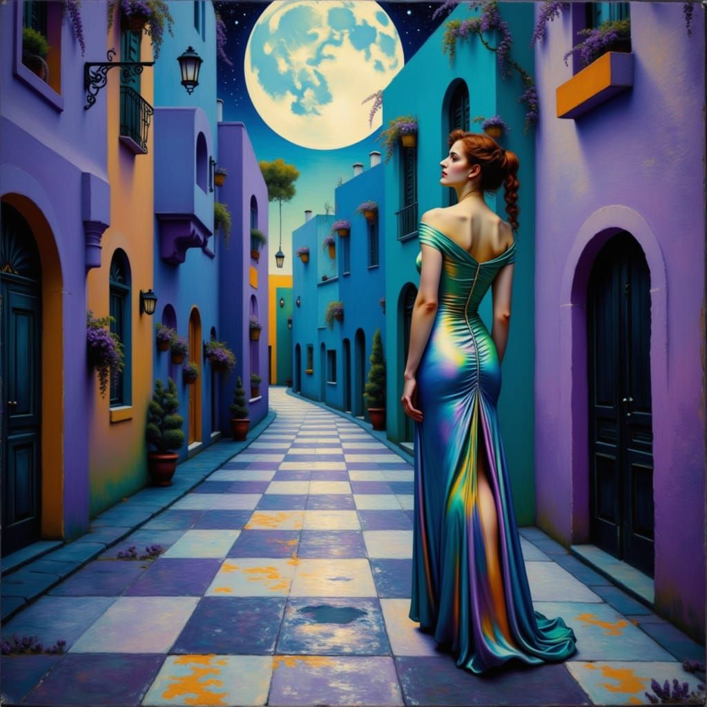 Ethereal Moonlight Scene with Draped Woman in Mystical Alley