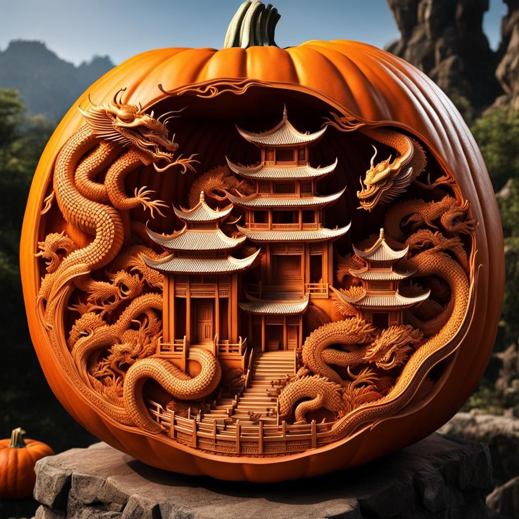 Detailed 3D Carving of Chinese Dragon Temple