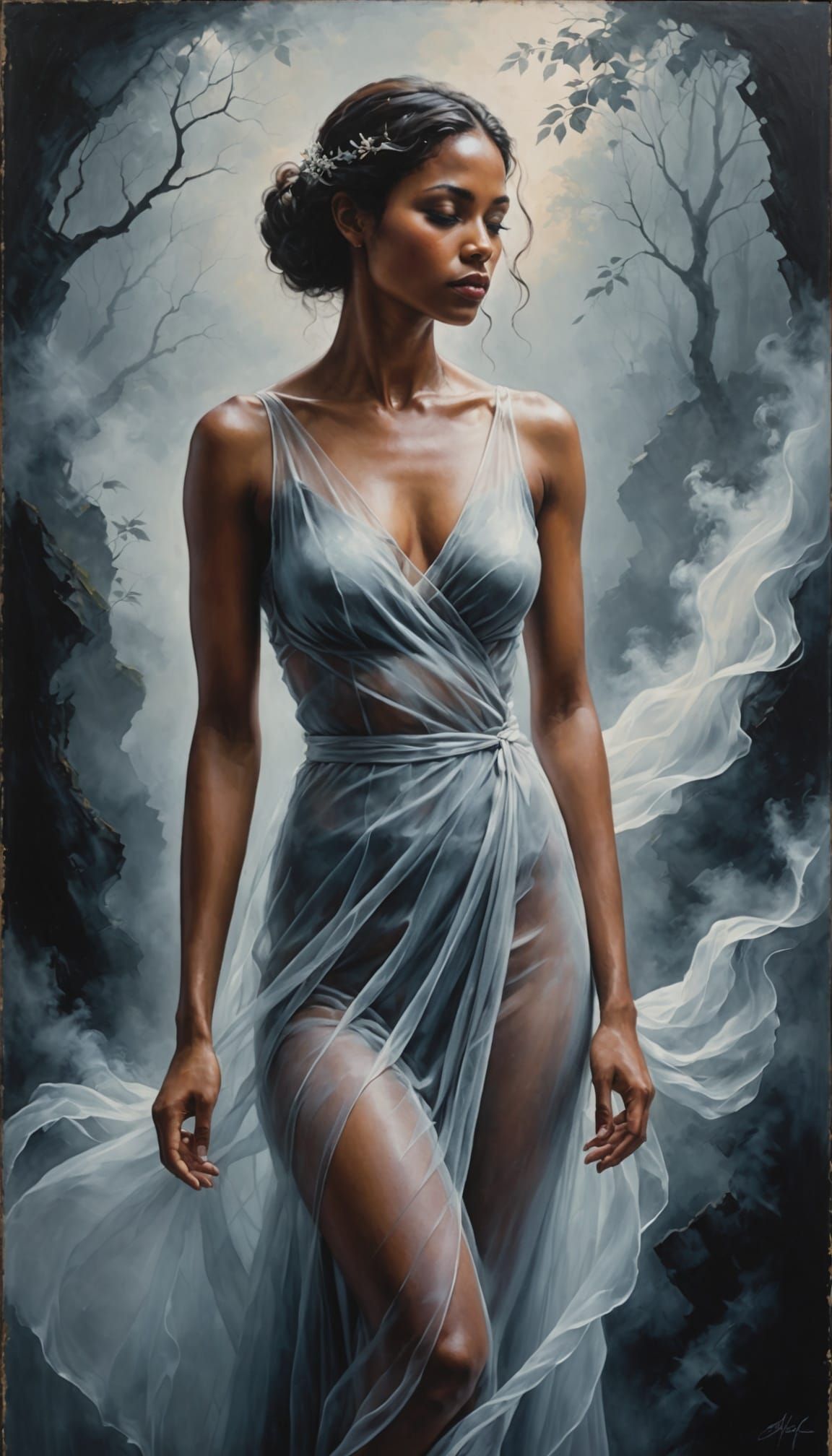 Serene Woman in Mist and Shadow, Acrylic Painting