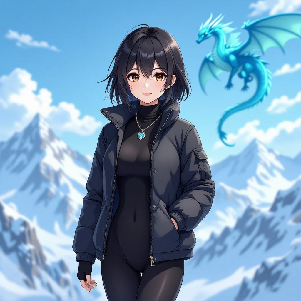 Anime Woman With Blue Dragon in Mountain Landscape