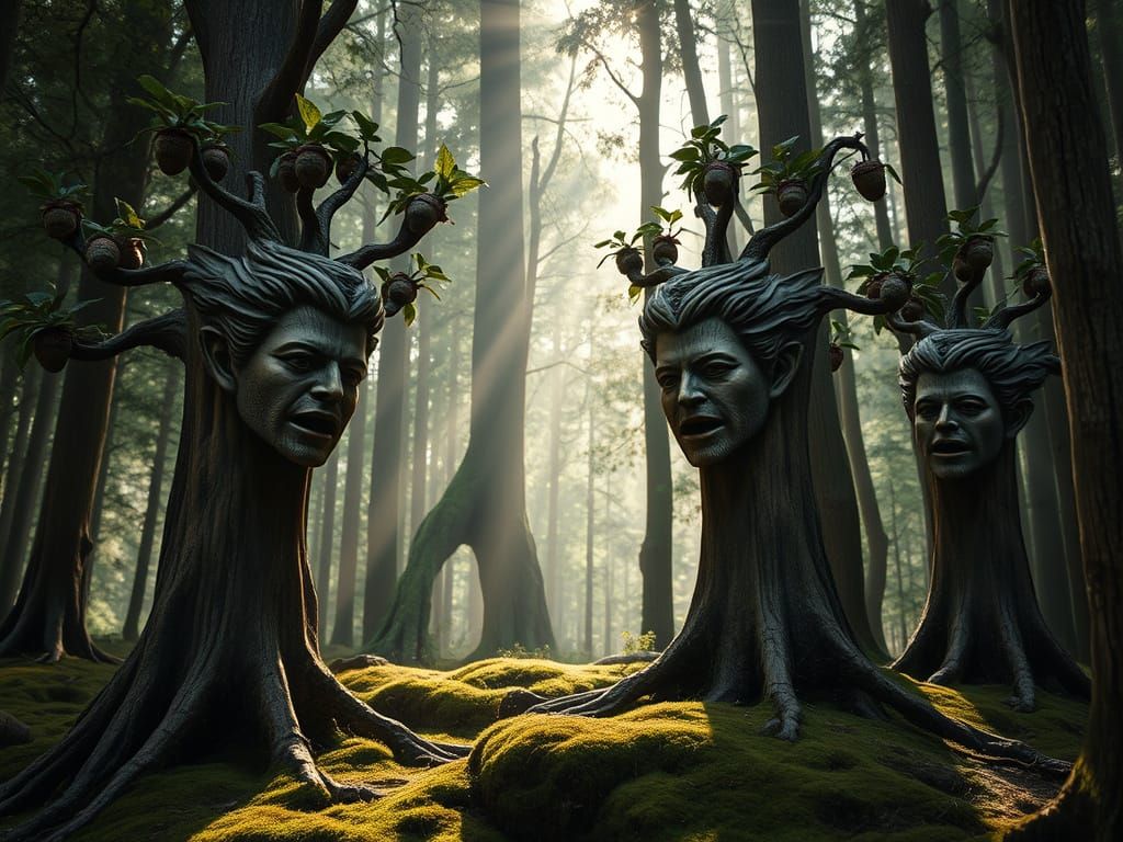 Mystical Forest with Singing Wooden Heads in Cinematic Style