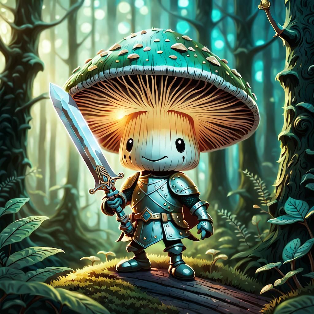 Mushroom Knight in Magical Forest Illustration