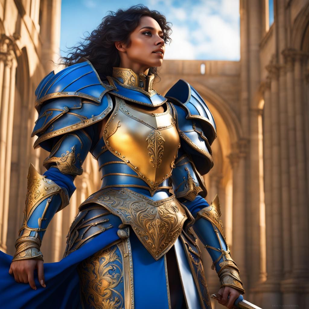 Zoe Saldaña as a Knight in Blue and Gold Armor
