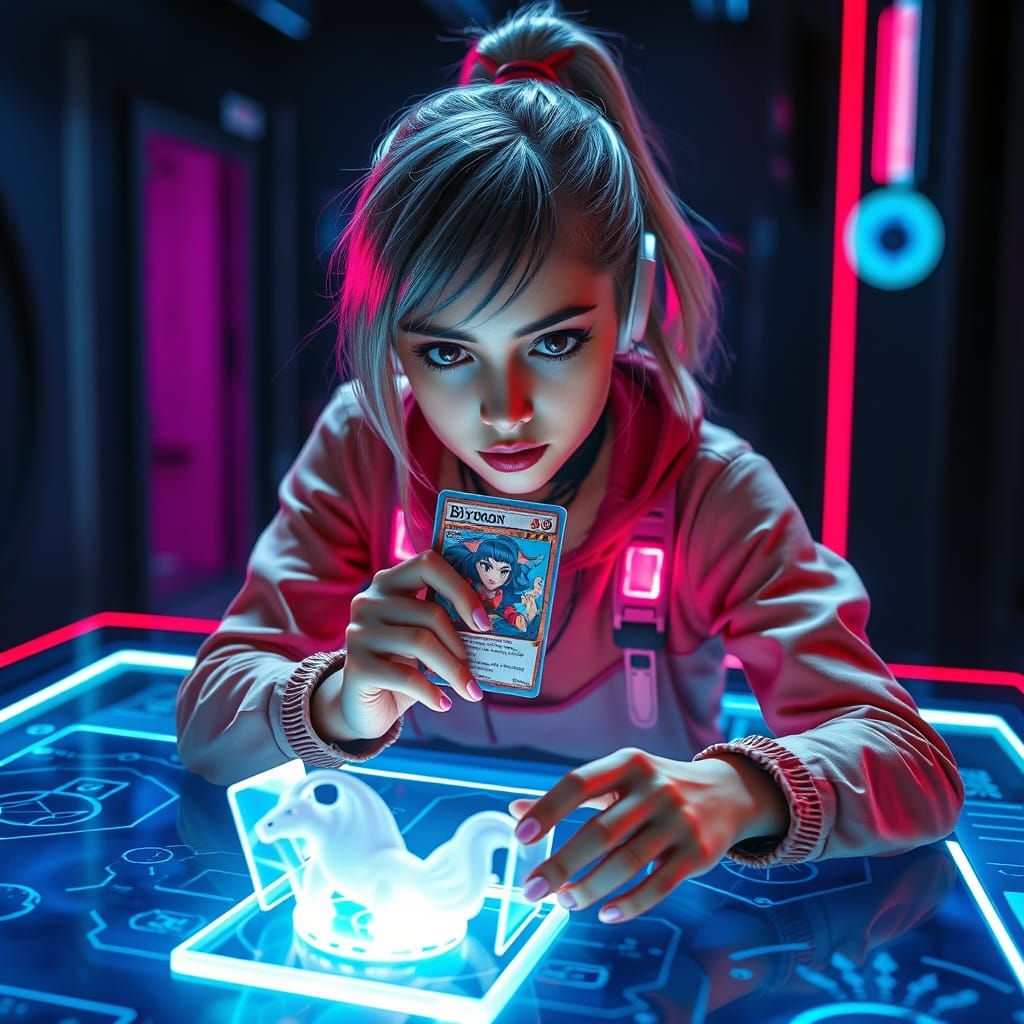 Woman Plays Biyomon Card Game in Neon Future