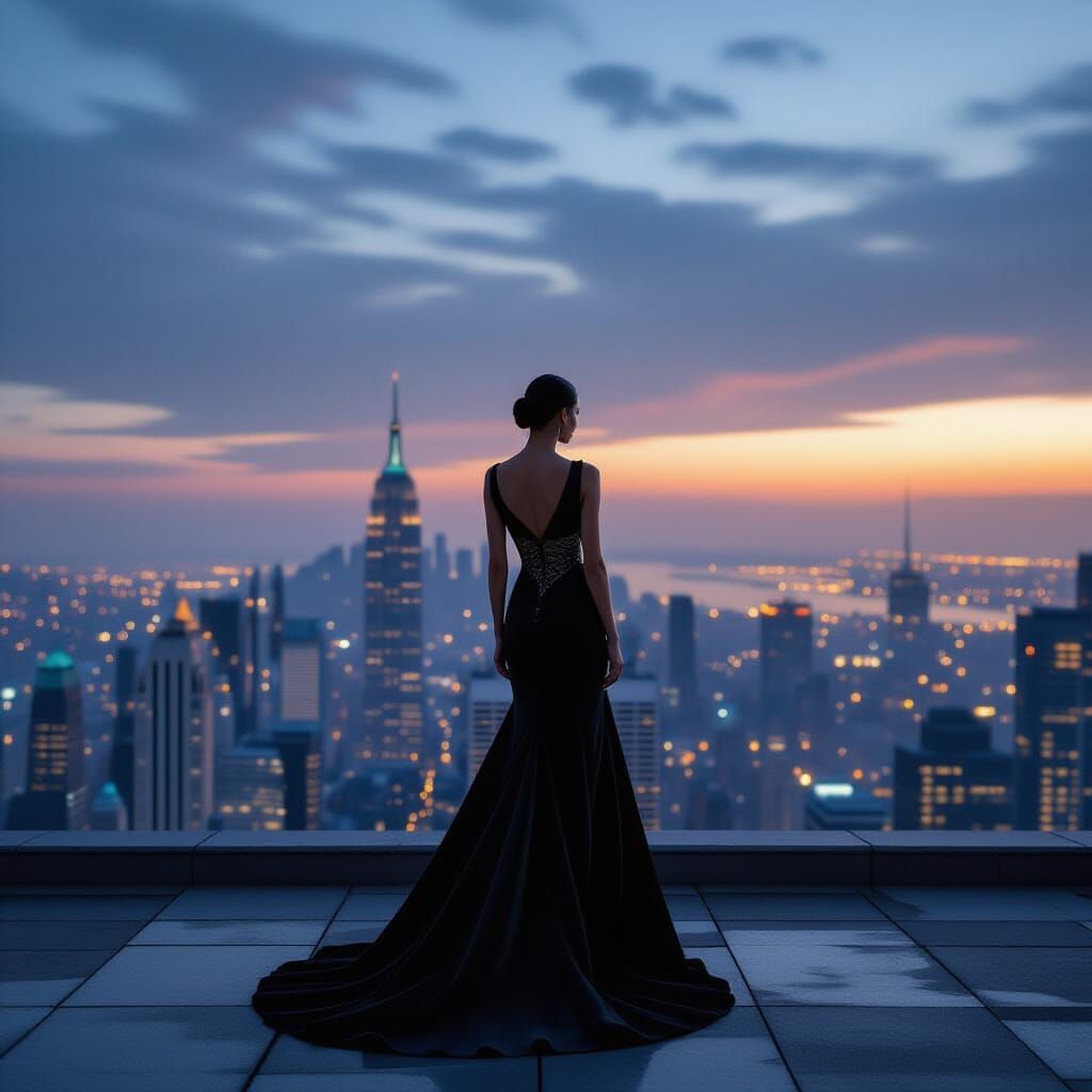 High Fashion Model on Rooftop Overlooking Futuristic City at...