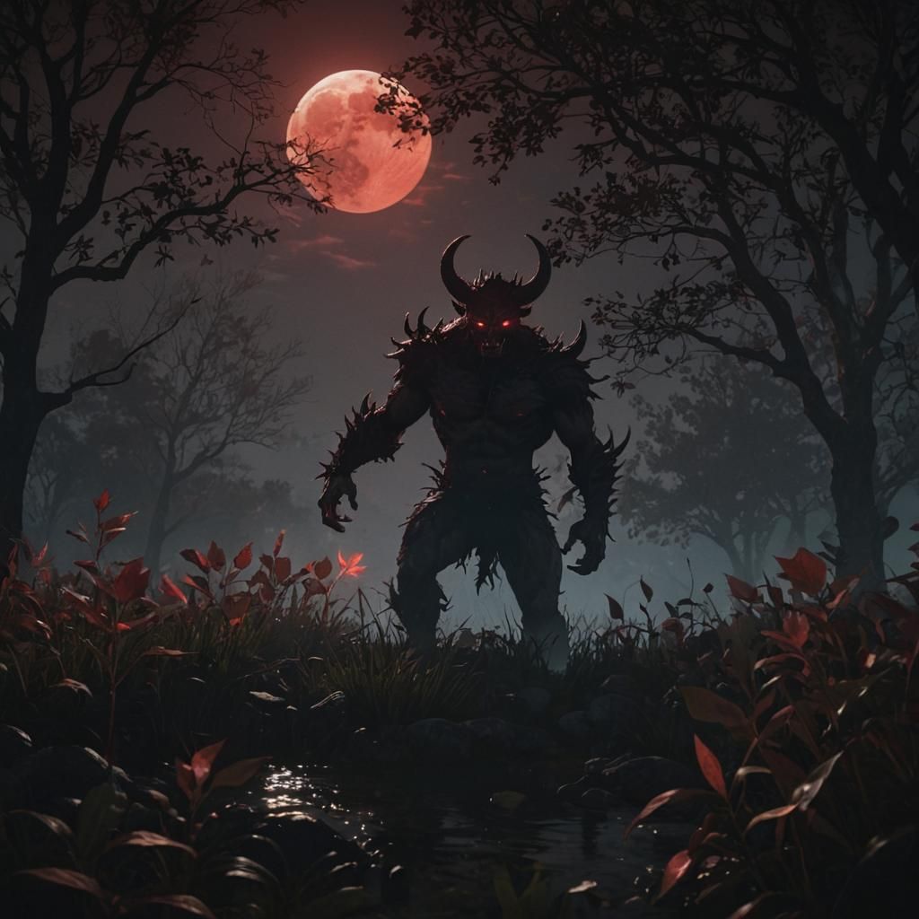Hyperrealistic Demon in a Field Under Red Moonlight