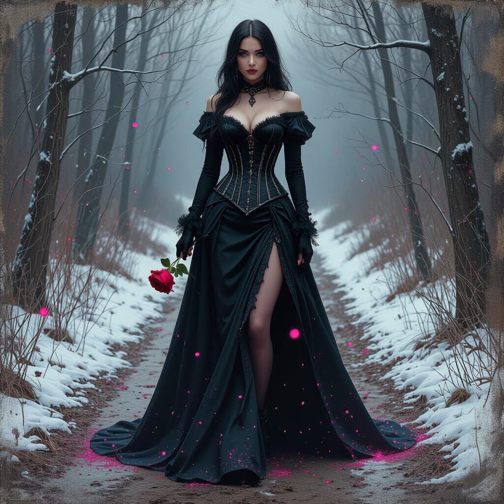 Gothic Woman with Rose in Decaying Antique Style