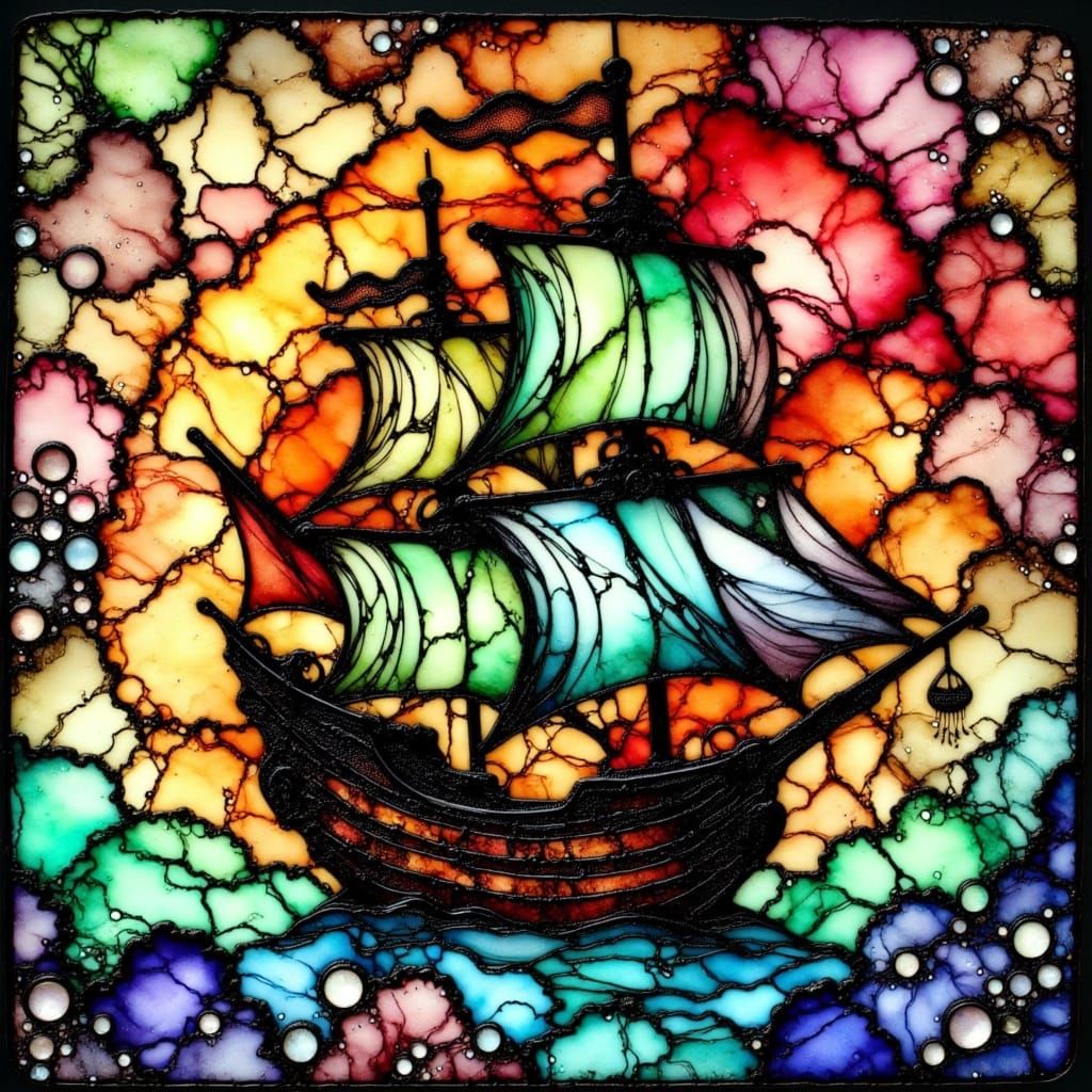 Ethereal Stained Glass Pirate Ship in Vibrant, Golden Light