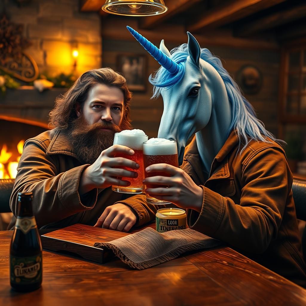 Man and Unicorn Enjoying Blue Beer in Pub