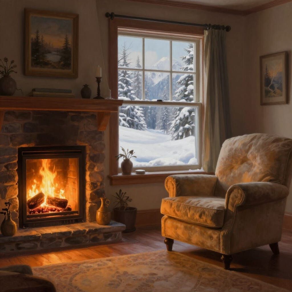 Cozy Fireplace Living Room in Snowy Landscape
