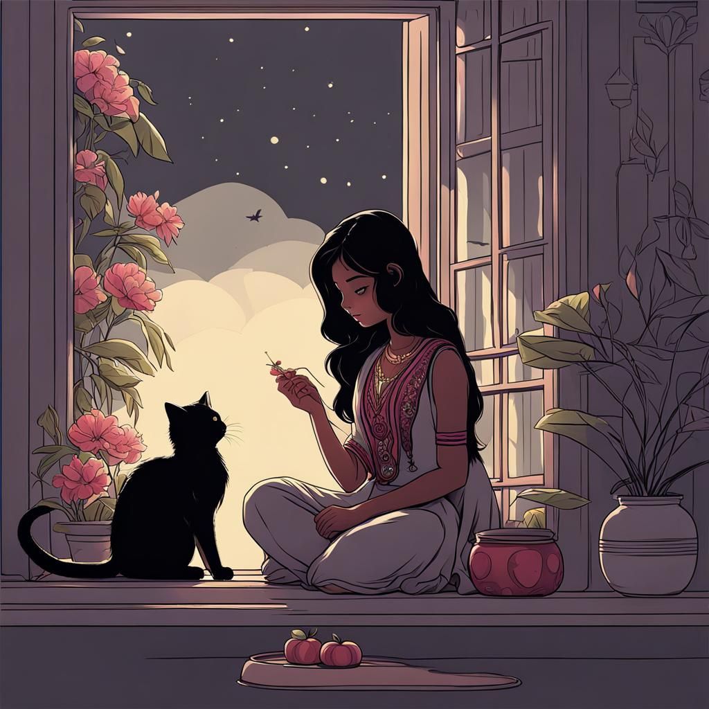 Girl with Cat: Digital Art Portrait