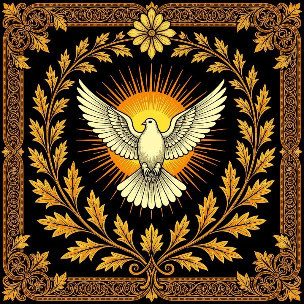 Heraldic Dove Shield with Golden Oak Leaves and Manuscript S...