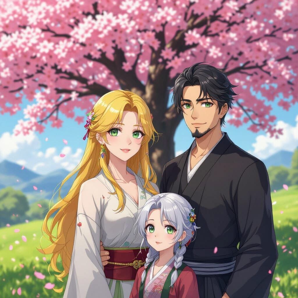Family Portrait in Vibrant Meadow Before Cherry Blossom Tree