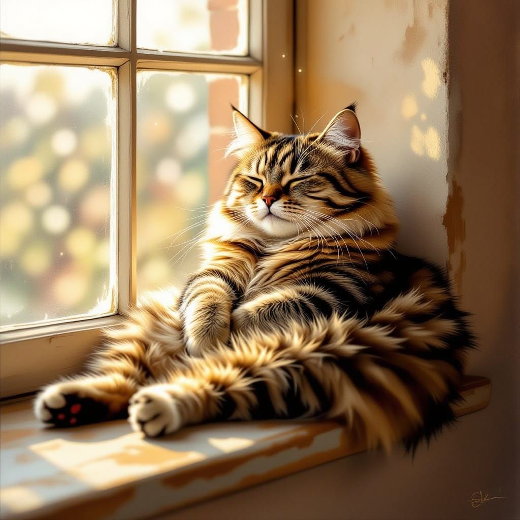 Overweight Tabby Cat Lounging on Sunlit Windowsill