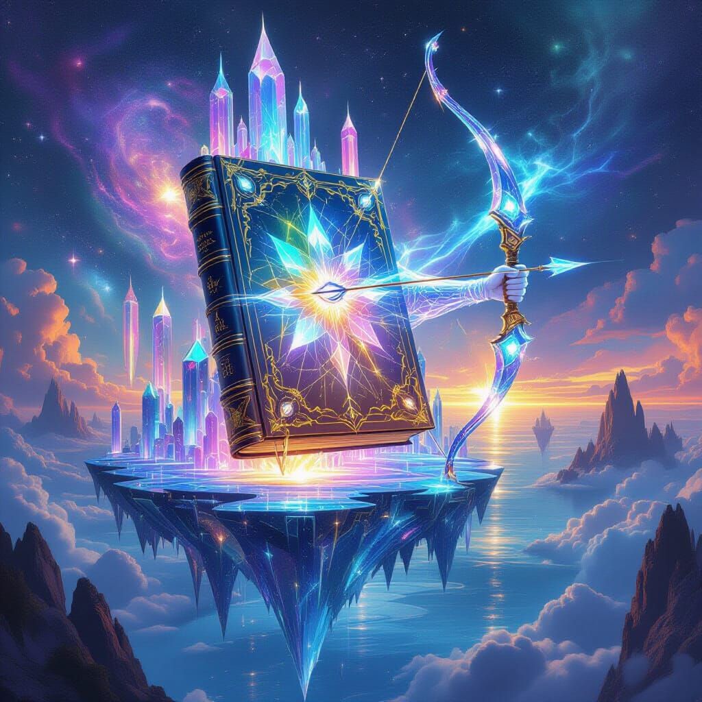 Sentient Crystalline Book on Floating City, Digital Matte Pa...