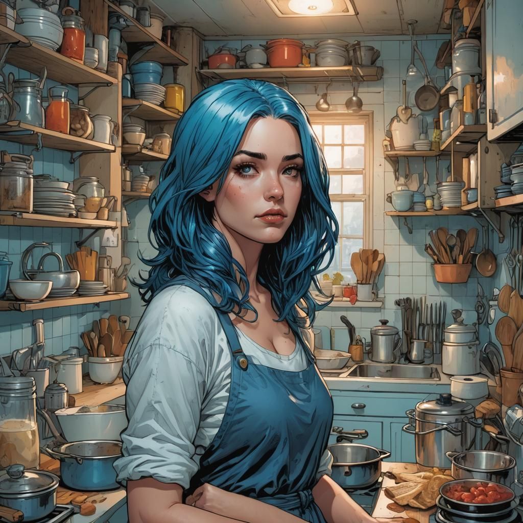 Blue-Haired Woman in Kitchen: Comic Book Art