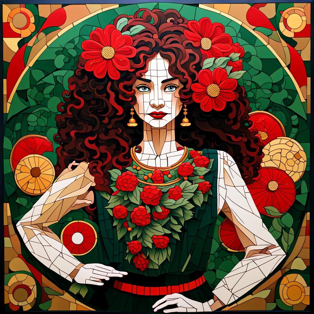 Art Nouveau Woman with Pomegranate and Flowers