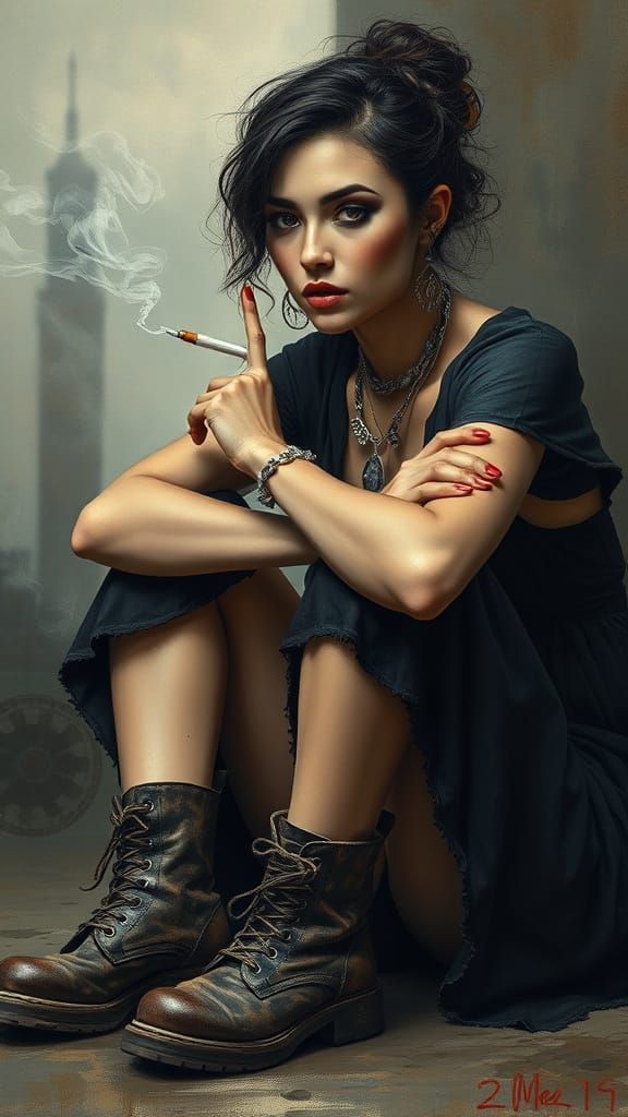 Woman Smoking in Desaturated Steampunk Oil Painting