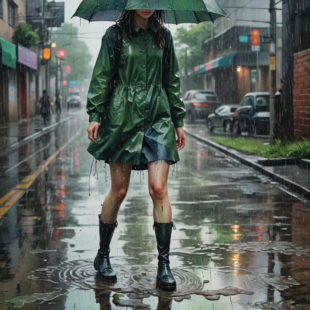 Anime Woman in Rain with Vibrant Colors