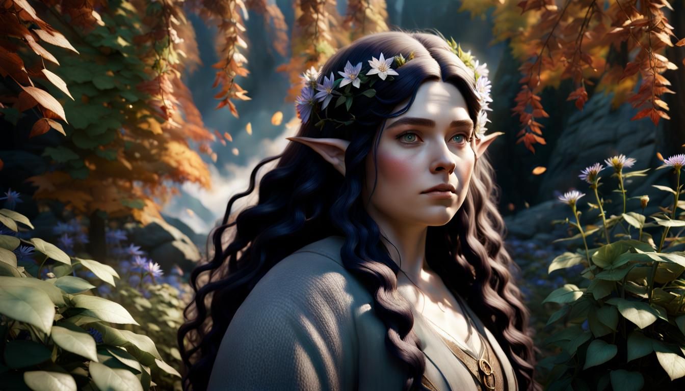 Hobbit Woman Portrait with Autumnal Flowers