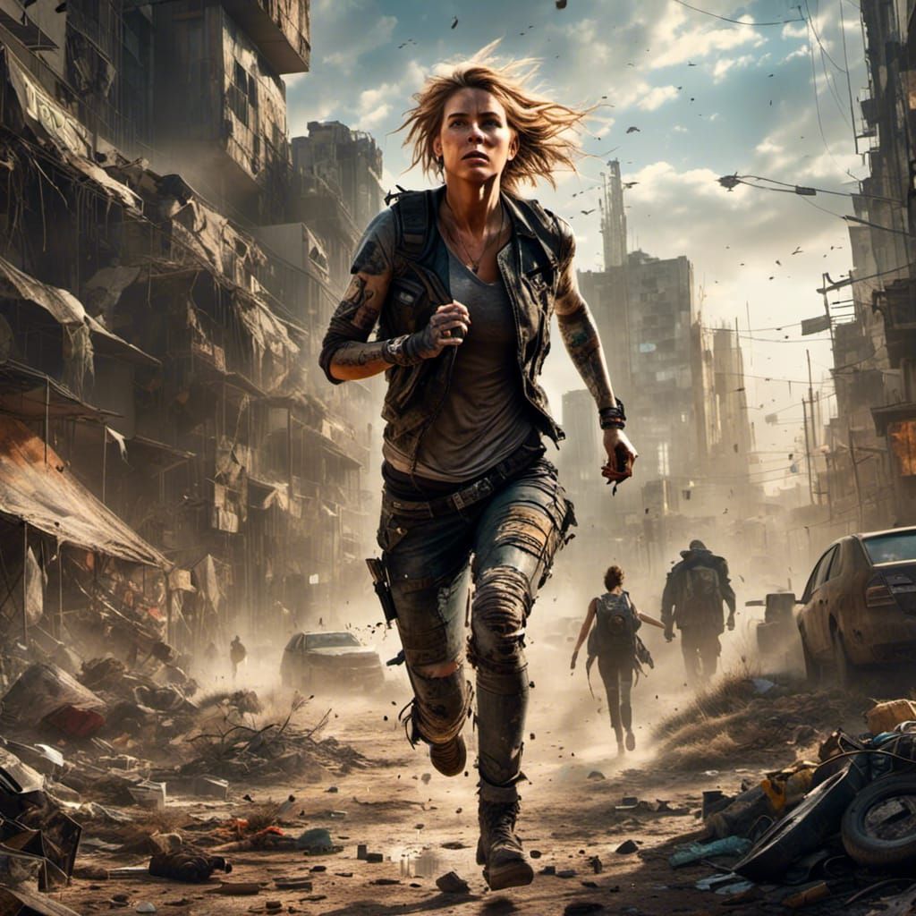 <lora:Trashpunk1:1.0> Young Sarah Connor running through a b...