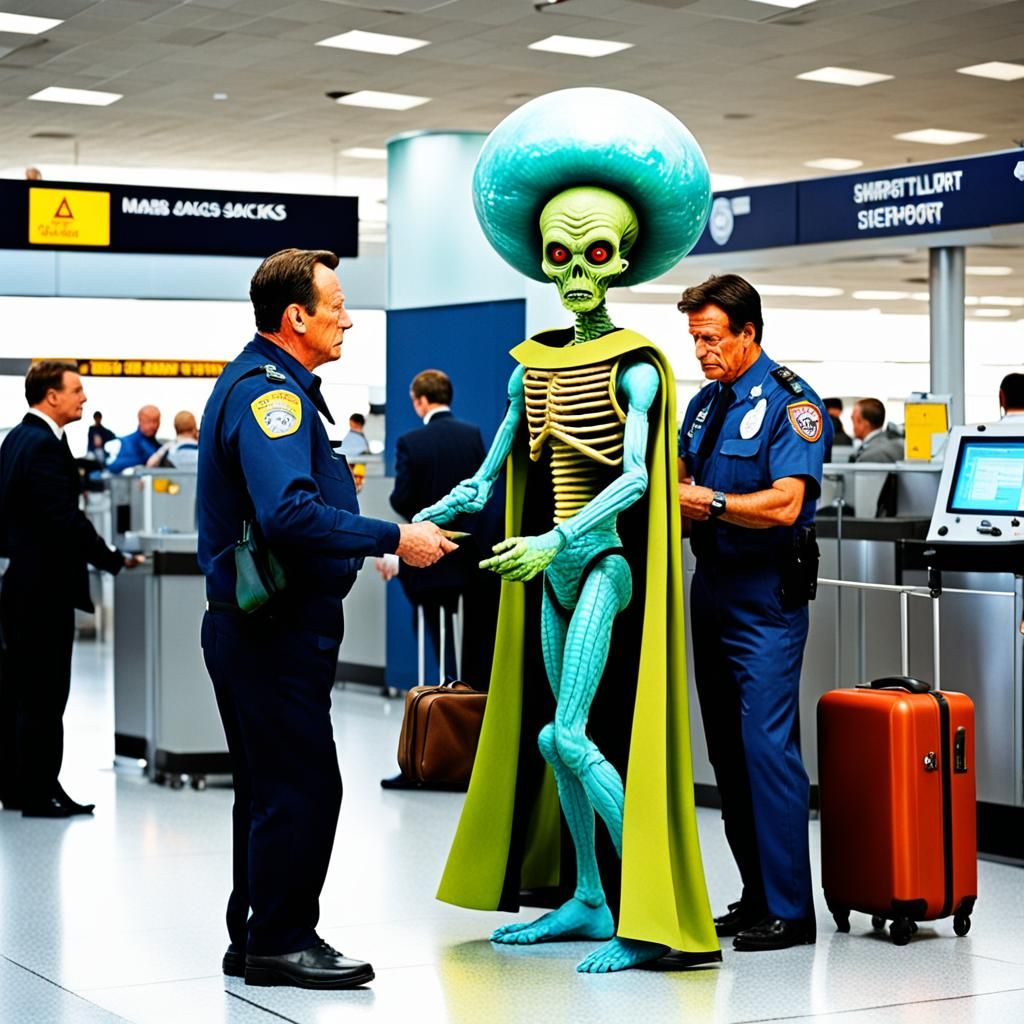 Martian at Airport Security, Pulp Illustration