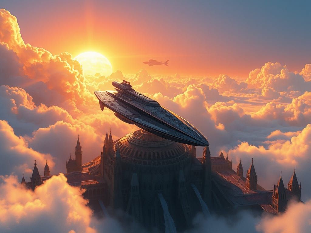 Gothic Starship Awaits in Golden Sunset