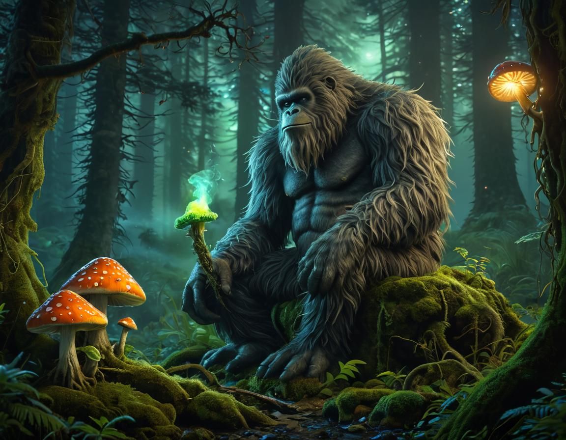 Sasquatch sitting on a mushroom smoking a joint