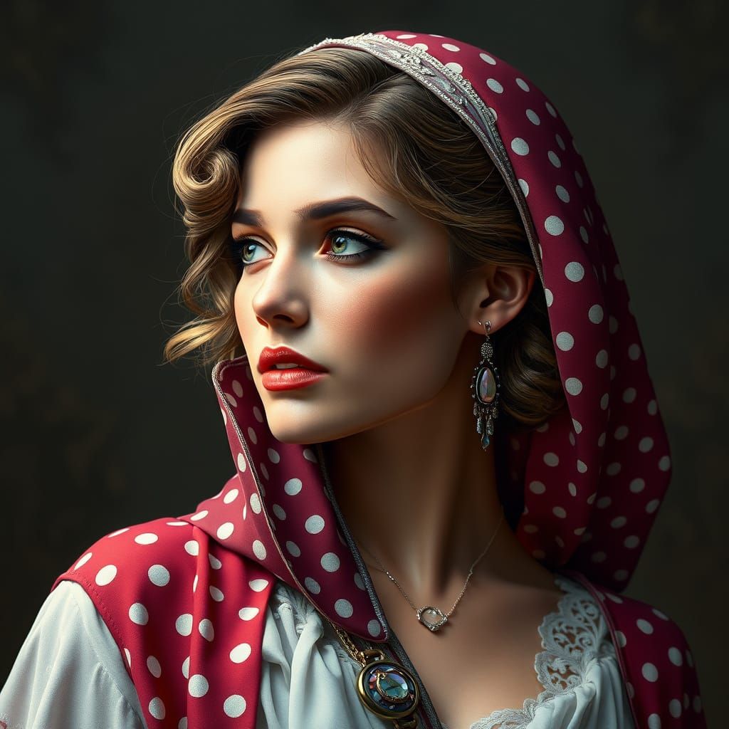 Elegant Woman in Polka Dots, Art Nouveau Portrait