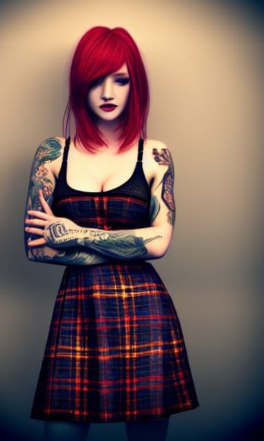 Tattooed Scottish Woman in Tartan Dress