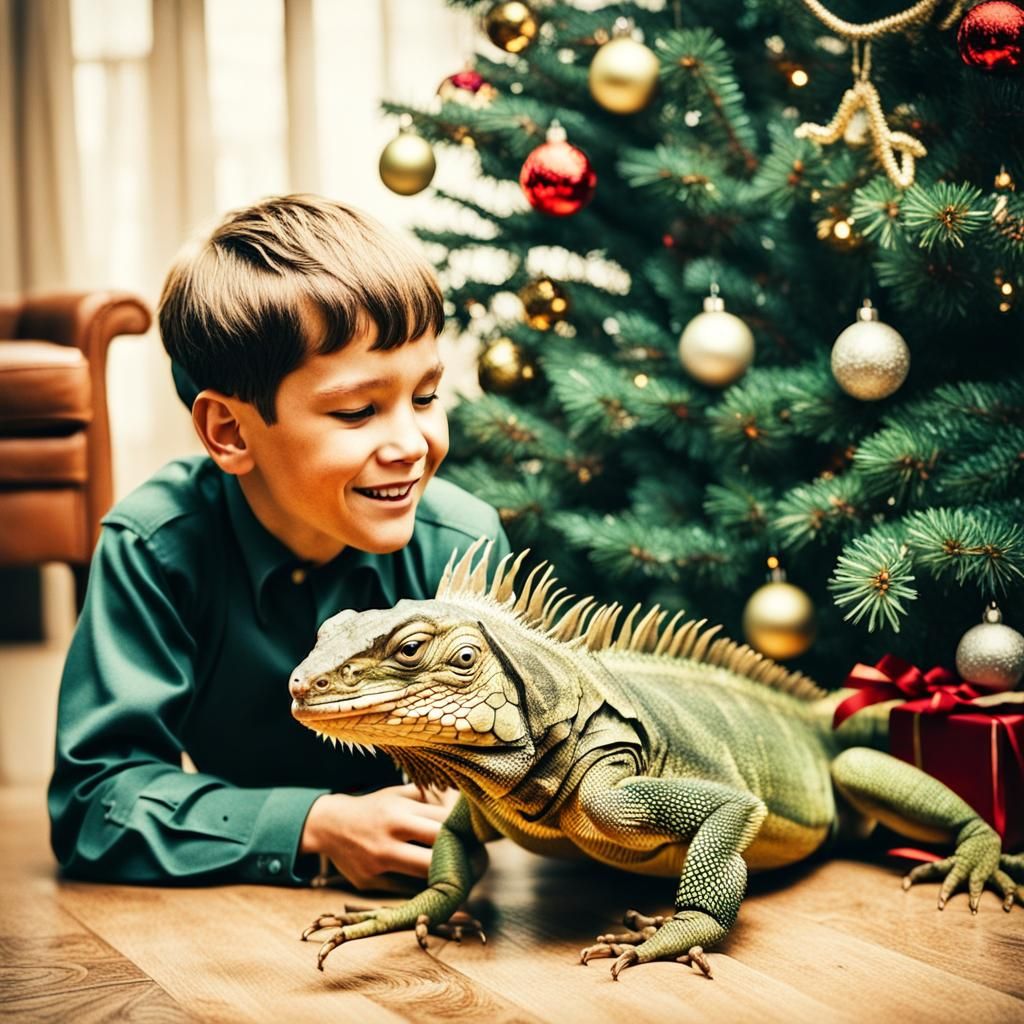 Boy and Iguana: A Vintage Christmas Photo