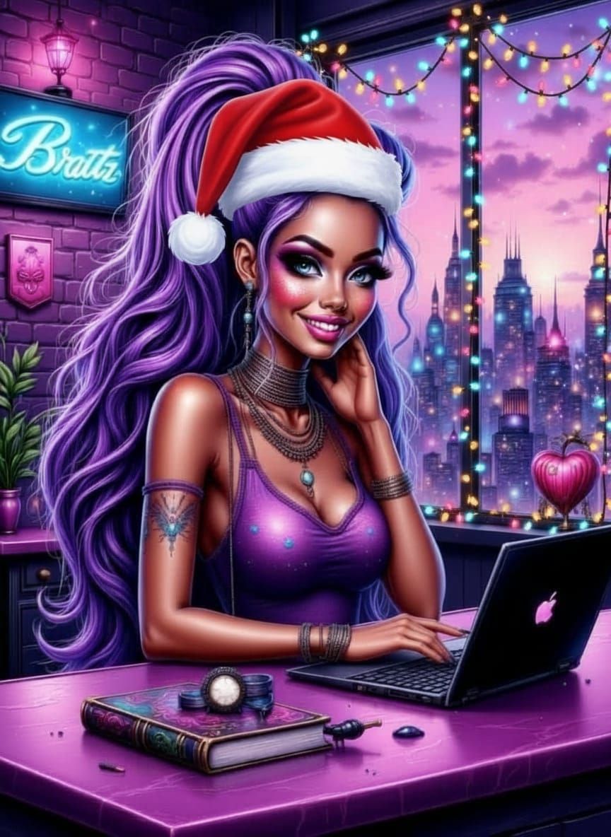 Bratz Style Woman with Purple Hair and Neon City View