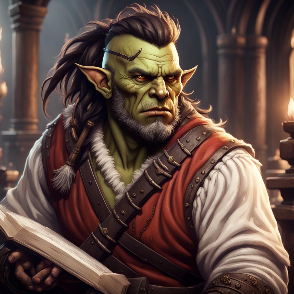 Half-Orc Librarian Barbarian Bard Portrait in Detailed Paint...