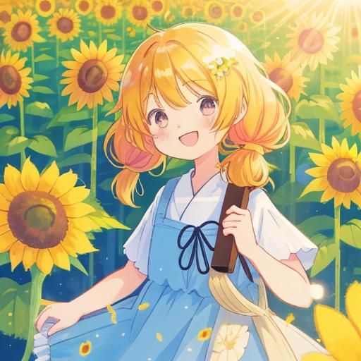 Anime Girl in Sunflower Field: Pastel Manga Art