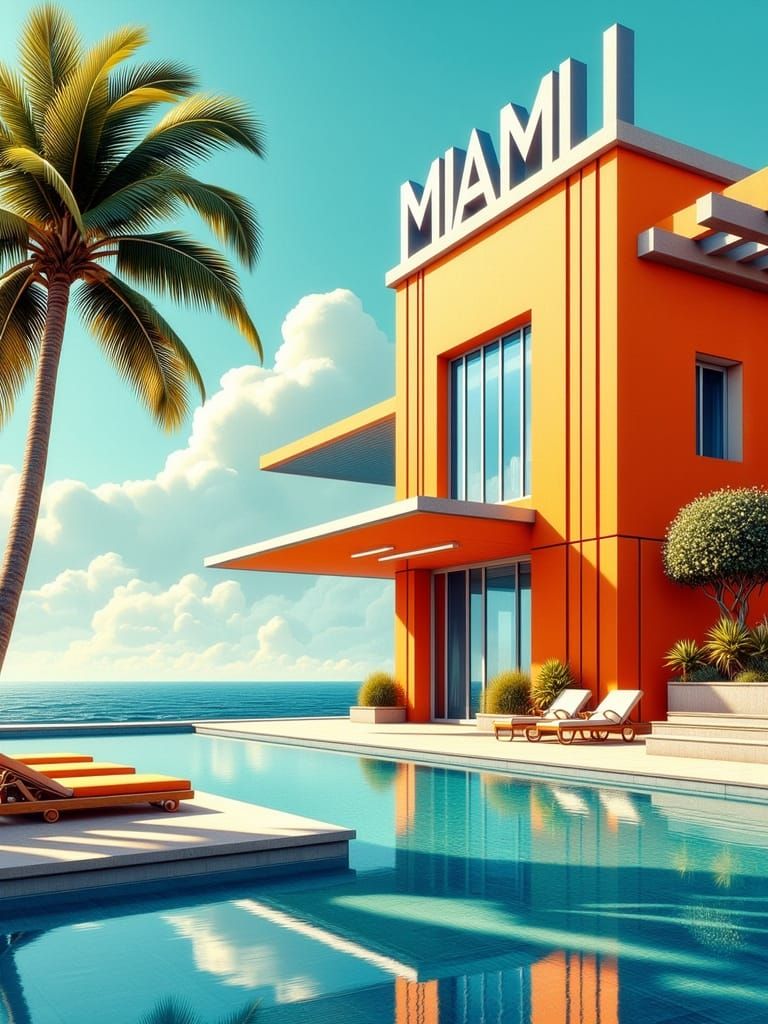 Elegant Art Deco Miami Scene in Vibrant Orange and Soft Blue...