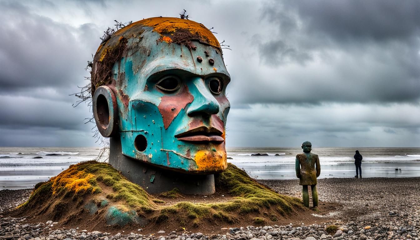 Dramatic Bunker Statue on Beach, Hyperrealistic Photography