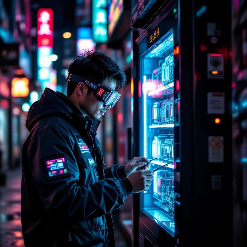 Cyberpunk Mechanic Repairs Futuristic Vending Machine