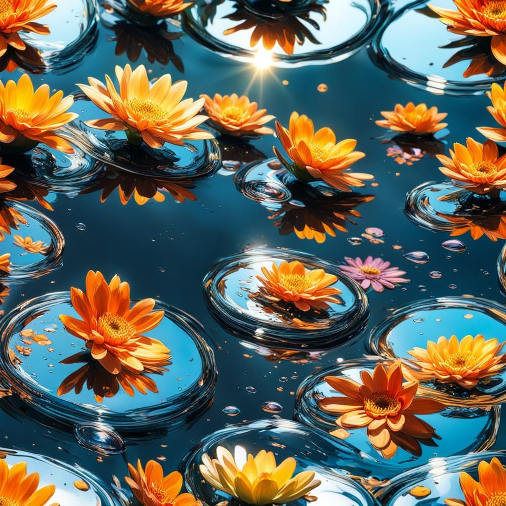 Hyperrealistic Flower Reflection in Water: Splash Art