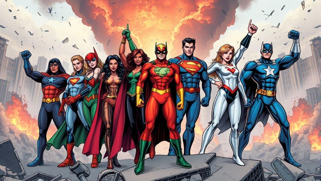Diverse Heroes Stand Victorious Amidst Ruins in Comic Book S...