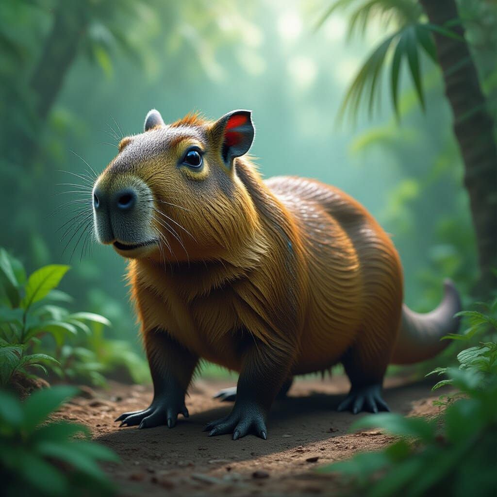 Capybara-Dinosaur Hybrid in a Tropical Setting