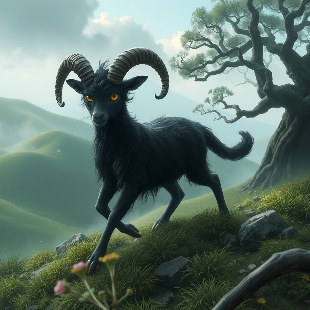 Mystical Cat-Sheep Hybrid in Fantasy Landscape